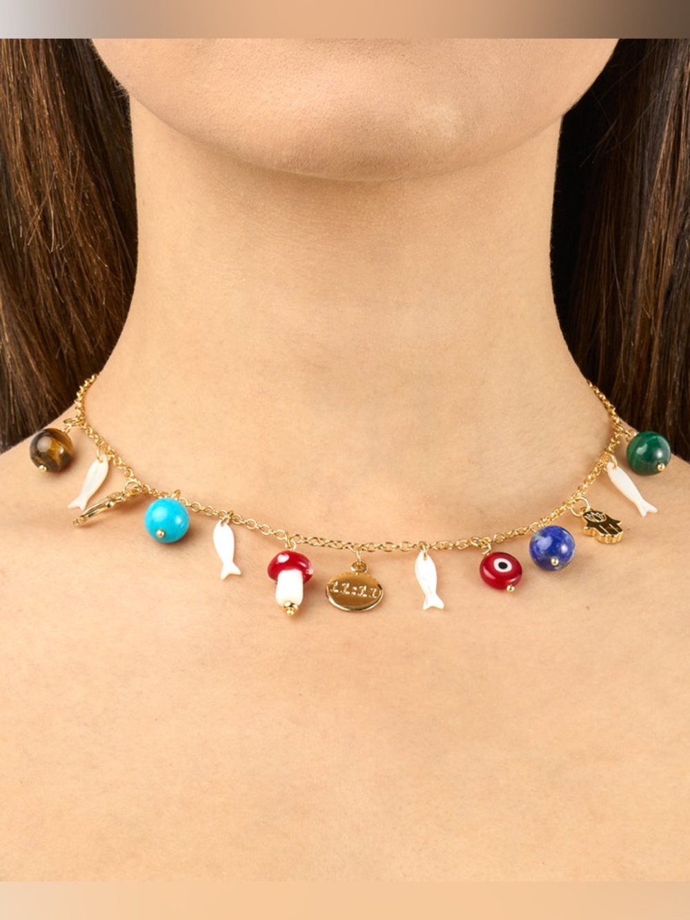 Malachite, Freshwater Pearl, Tiger Eye, and Turquoise Lucky Charm Necklace - Picture 3 of 6